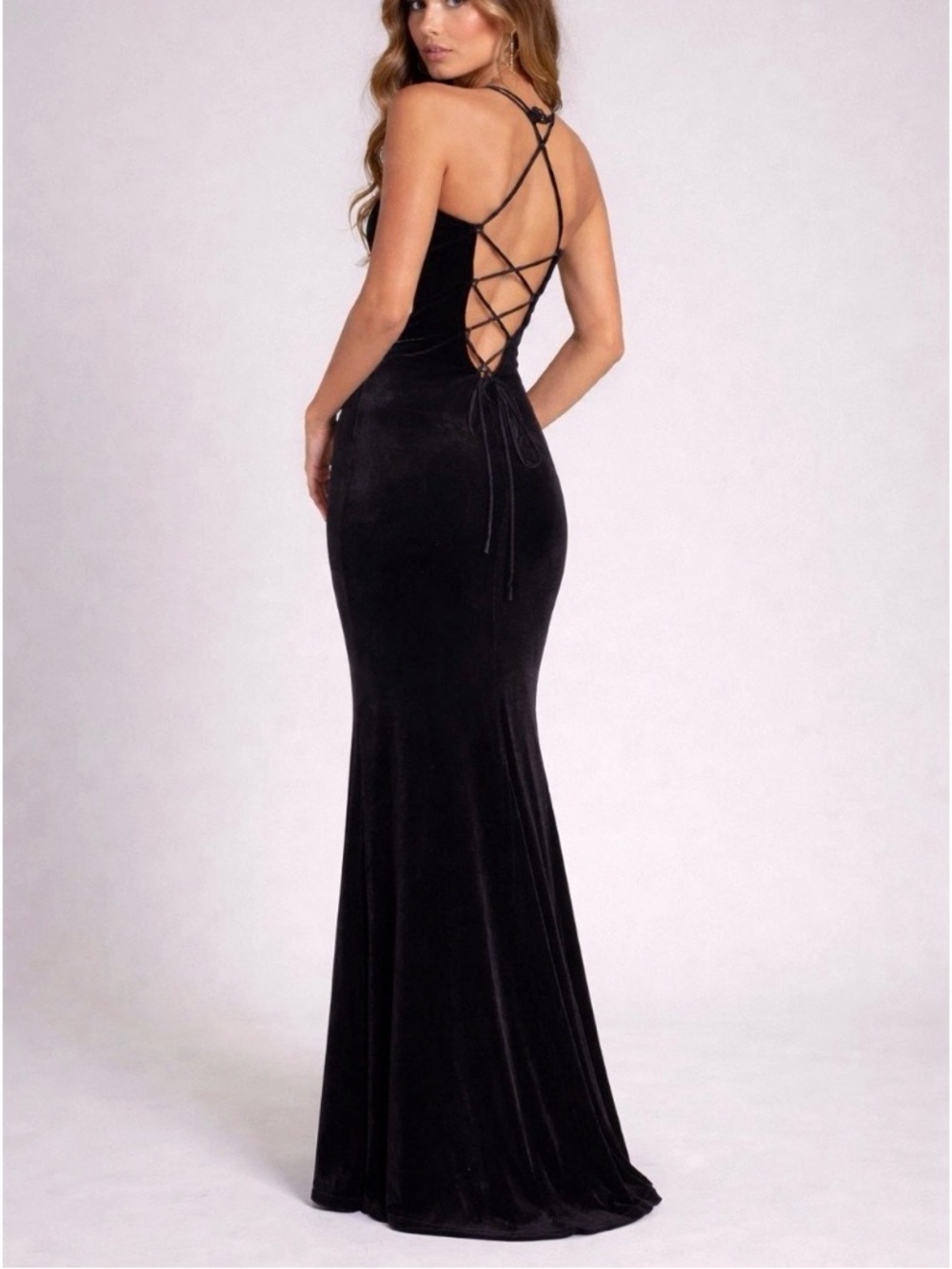 ABS Vintage 90s Long Maxi Evening Gown High Neck Low Back Black velvet size M